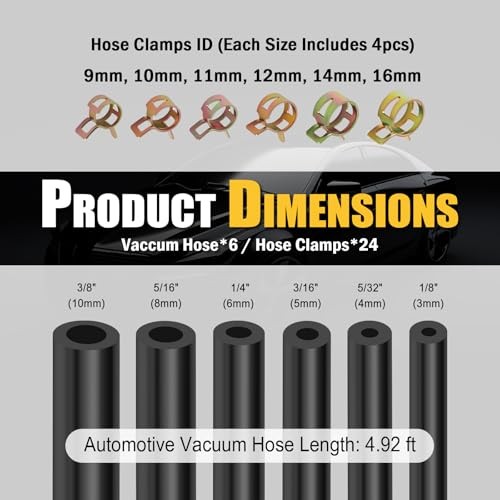 6PCS 5Ft Silicone Vacuum Hose Automotive Kit – ID 1/8&Prime; 5/32&Prime; 3/16&Prime; 1/4&Prime; 5/16&Prime;