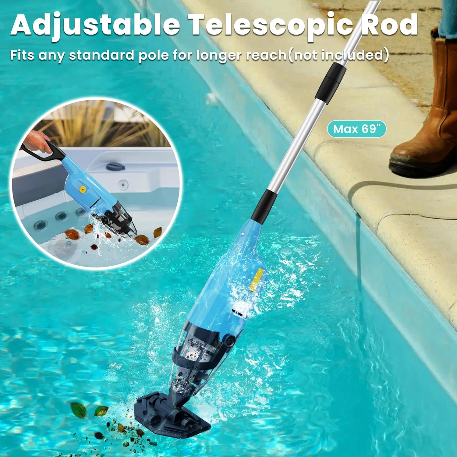 Rechargeable Pool Vacuum Cordless Handheld Pool Cleaner w/ Telescopic Pole Blue