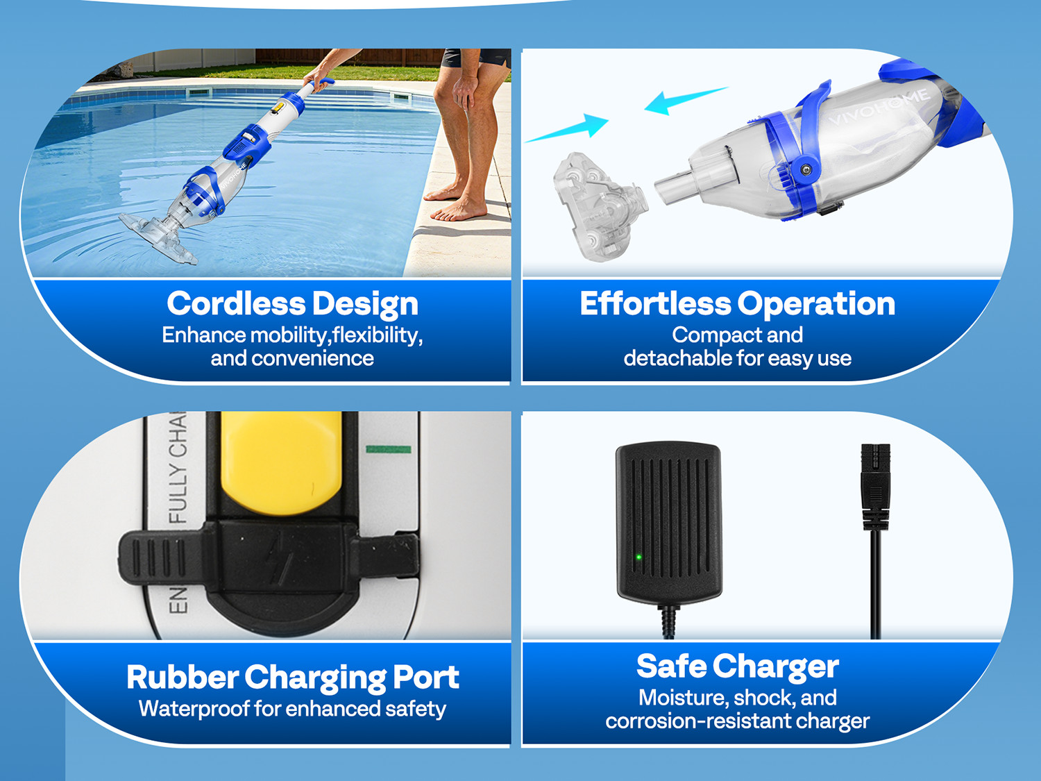 Cordless Pool Vacuum Cleaner 40W Quiet 19GPM 75min Battery 8.2FT Pole 2.6LFilter
