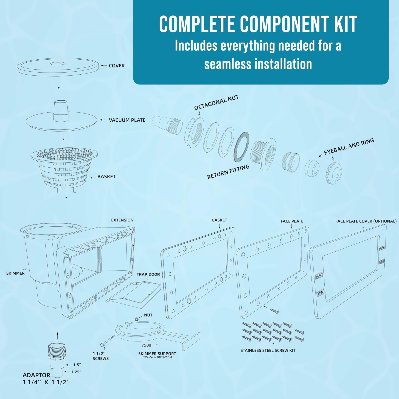 Wide Mouth Thru-Wall Above Ground Pool Skimmer Kit – Complete Universal Set, ABS