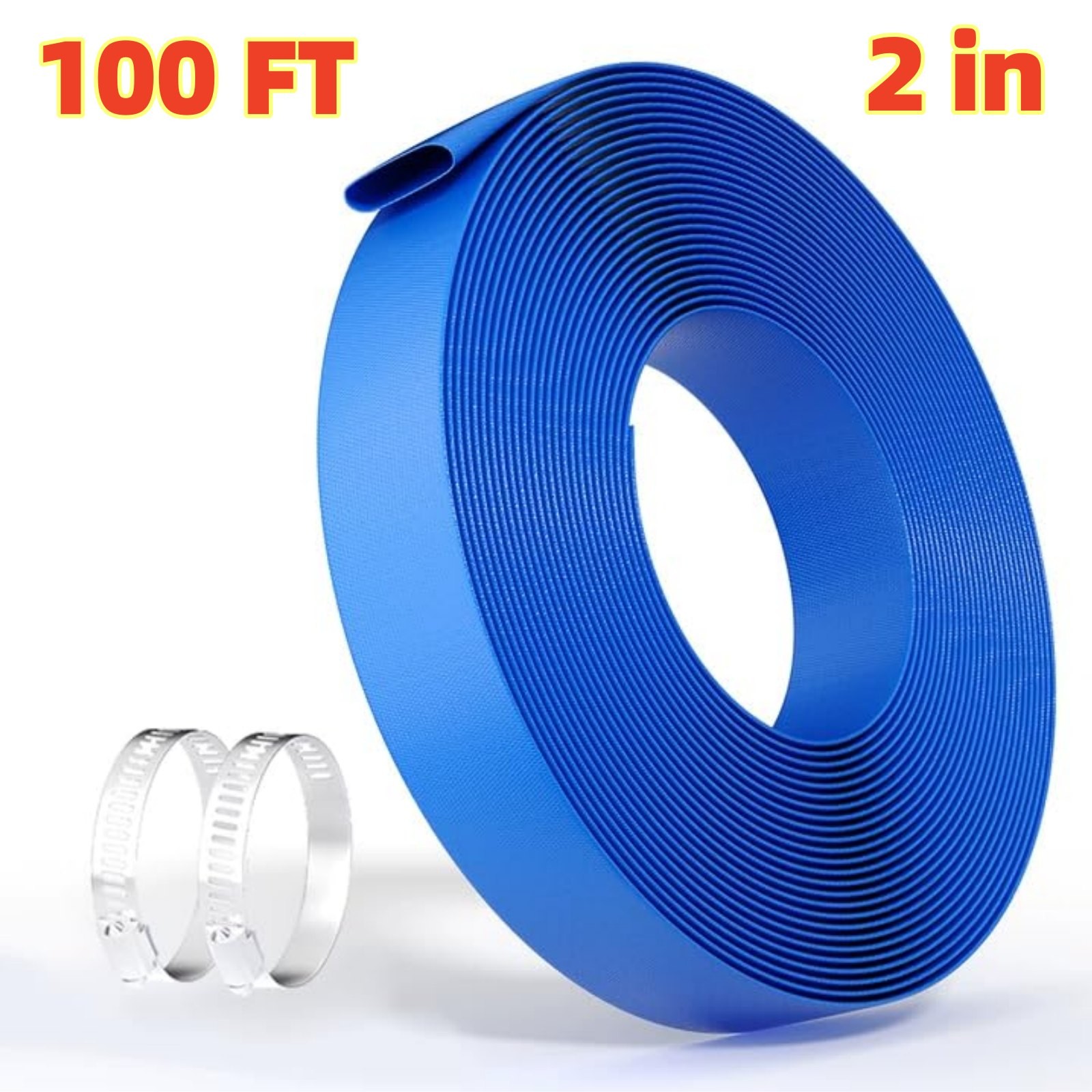 PVC Blue Pool Water Hose with Metal Clamps 2 Inch x 100 Ft Outdoor Use w/ Clamp