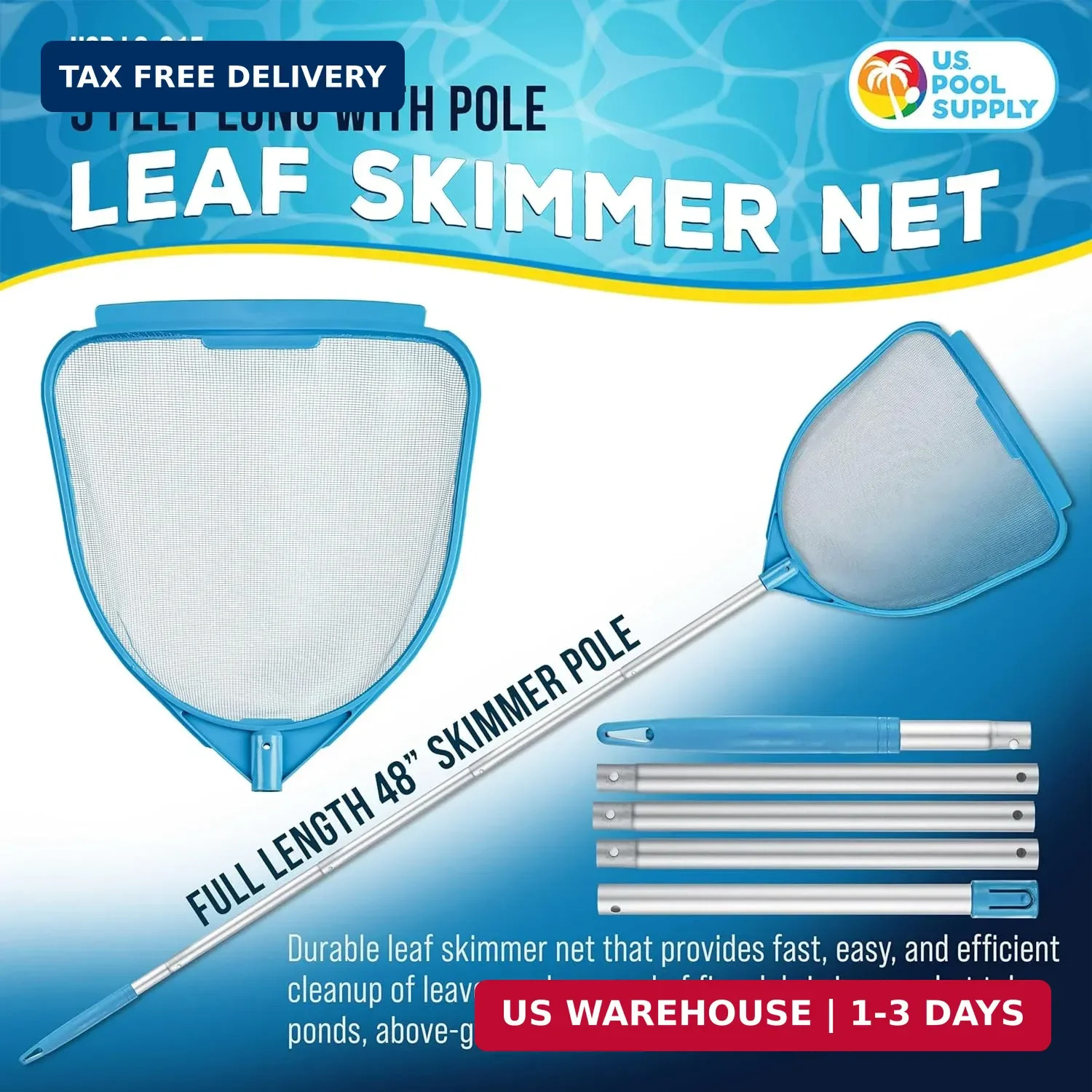 U.S. Pool Supply Pool and Spa Skimmer Net with Pole, Handheld Fine Mesh Pool Ski