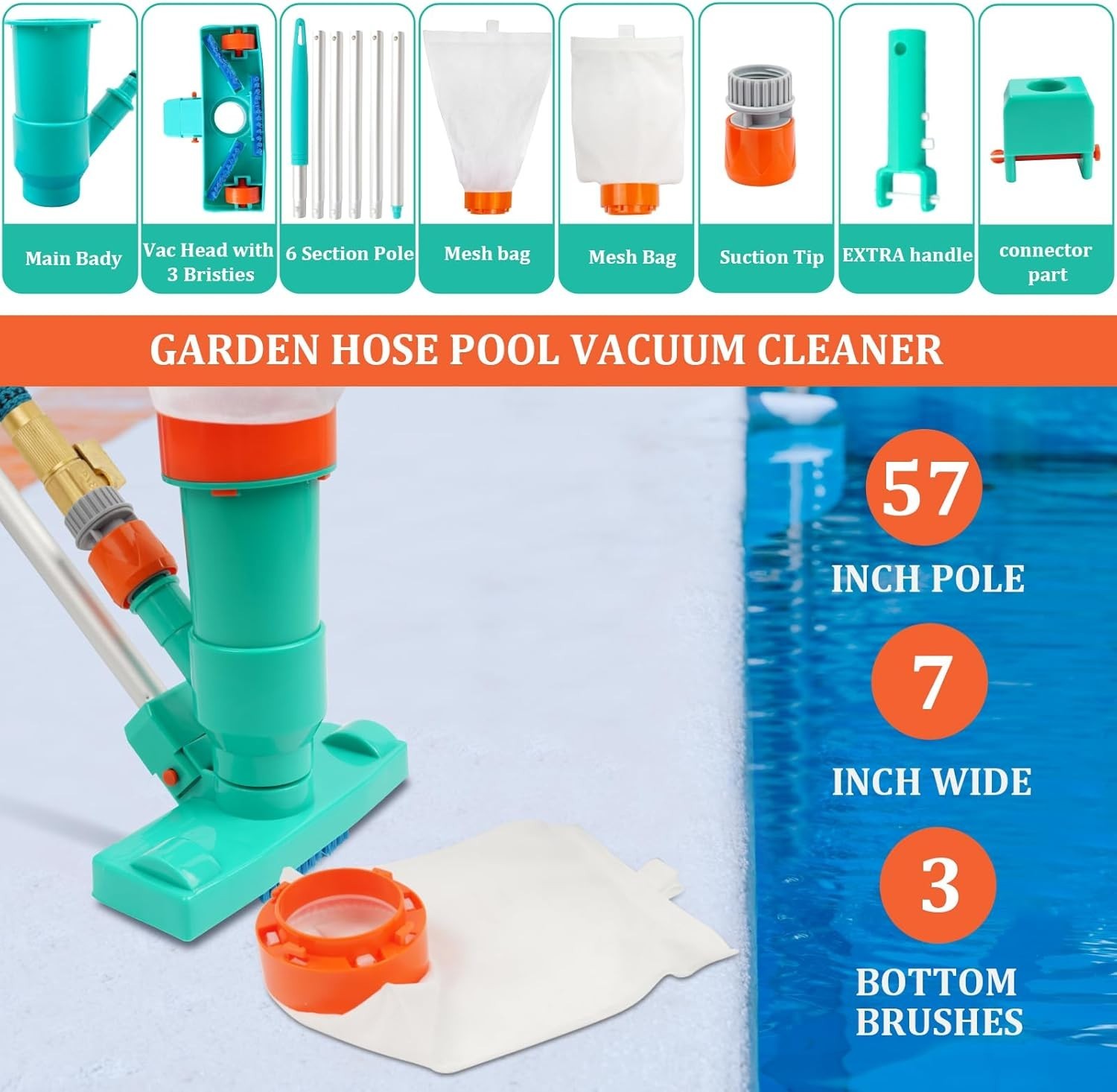 Manual Pool Vacuum Cleaner with 3 Brushes and Telescopic Pole for Fast Cleaning