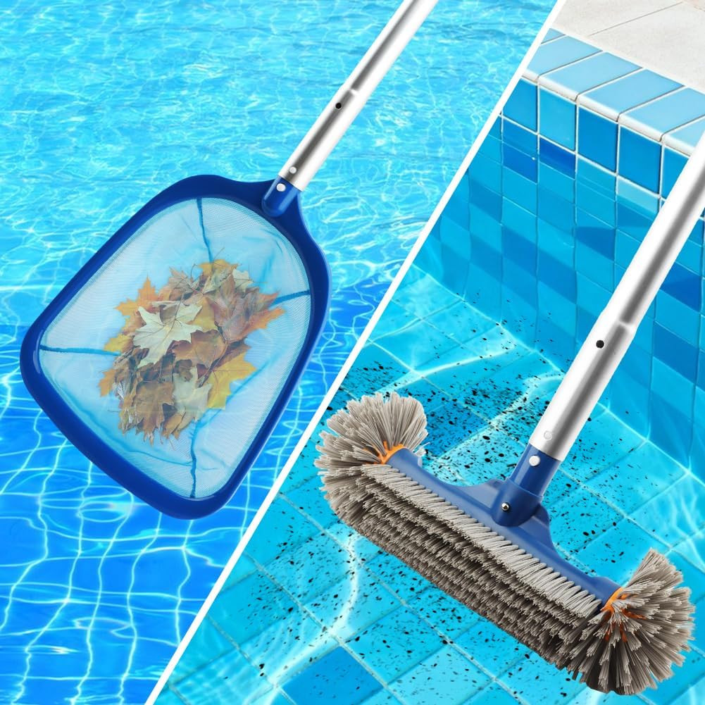 Pool Cleaning Kit 59&Prime; Adjustable Pole Skimmer Net Brush Sponge Above Ground Spa