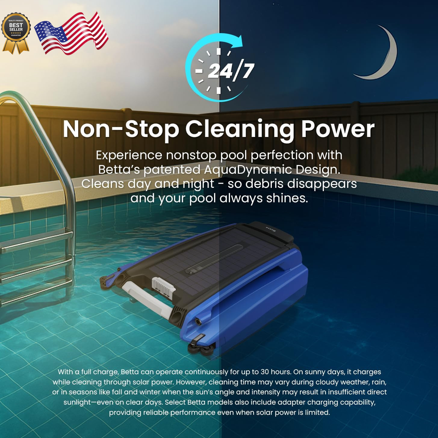 Betta SE Solar Powered Automatic Robotic Pool Skimmer Cleaner with 30-Hour