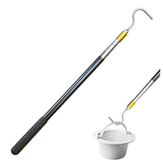 Extendable Pool Skimmer Basket Hook Pole Up to 63 Inch – Stainless Steel