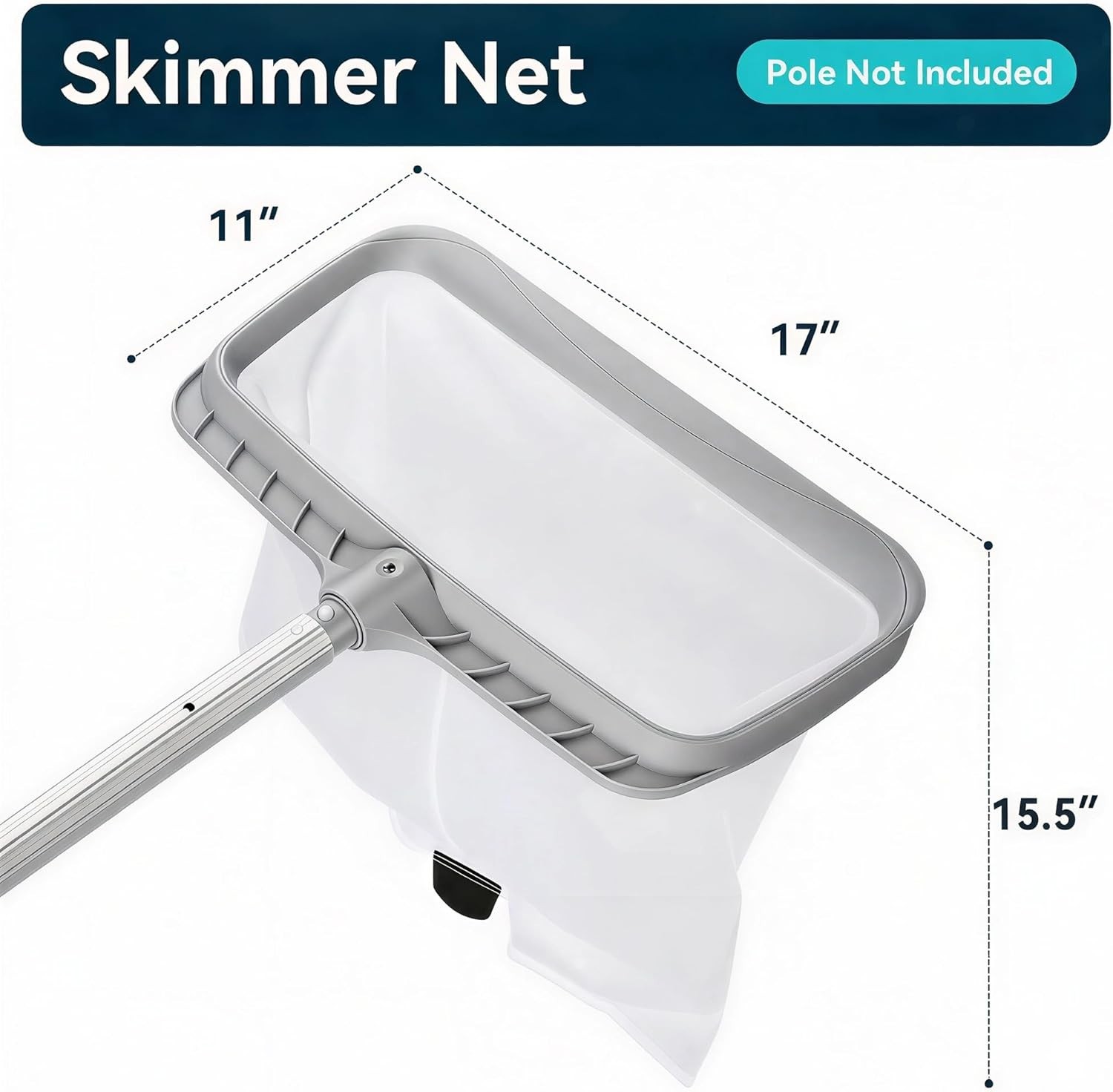 Professional Pool Skimmer Net Heavy Duty Gray Frame W/ 15.5&Prime; Deep Fine Mesh Bag