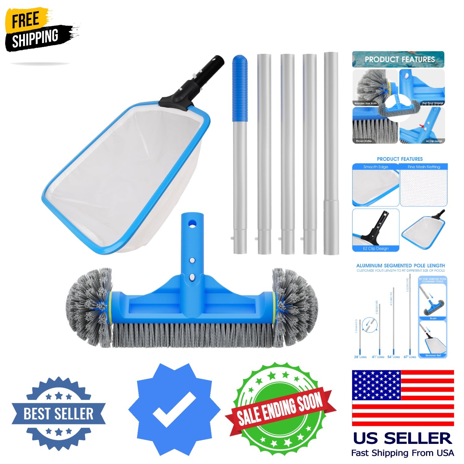 3PCS Pool Cleaning Kit – 12.5 » Pool Brush Round & 11 » Pool Skimmer Net Fine…