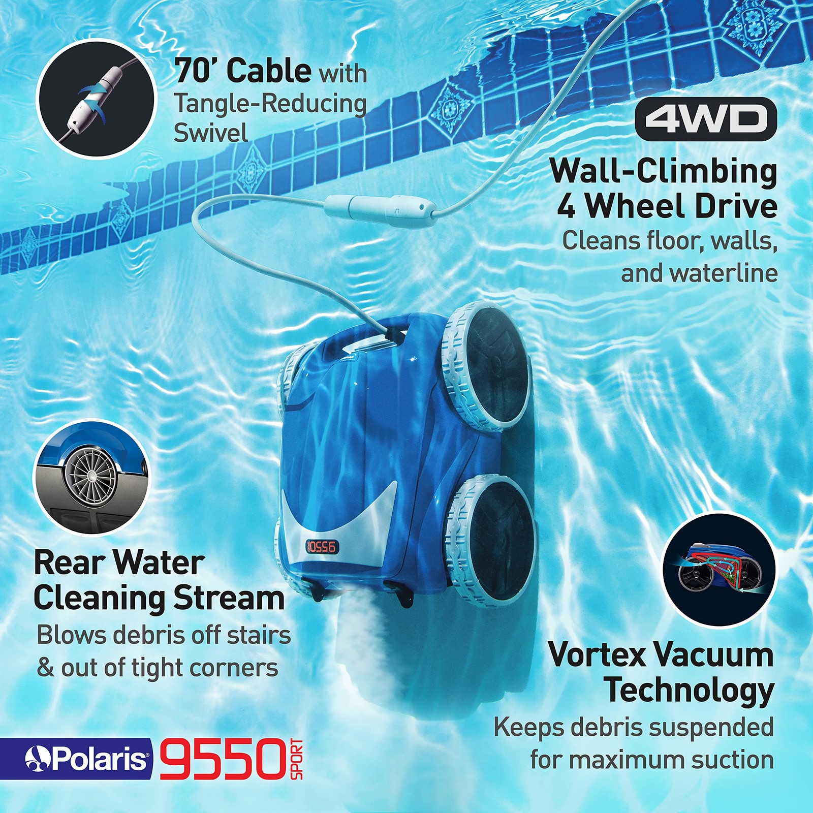 Polaris 9550 Sport Robotic Pool Cleaner, Automatic 22 x 22 x 22 inches, BLUE