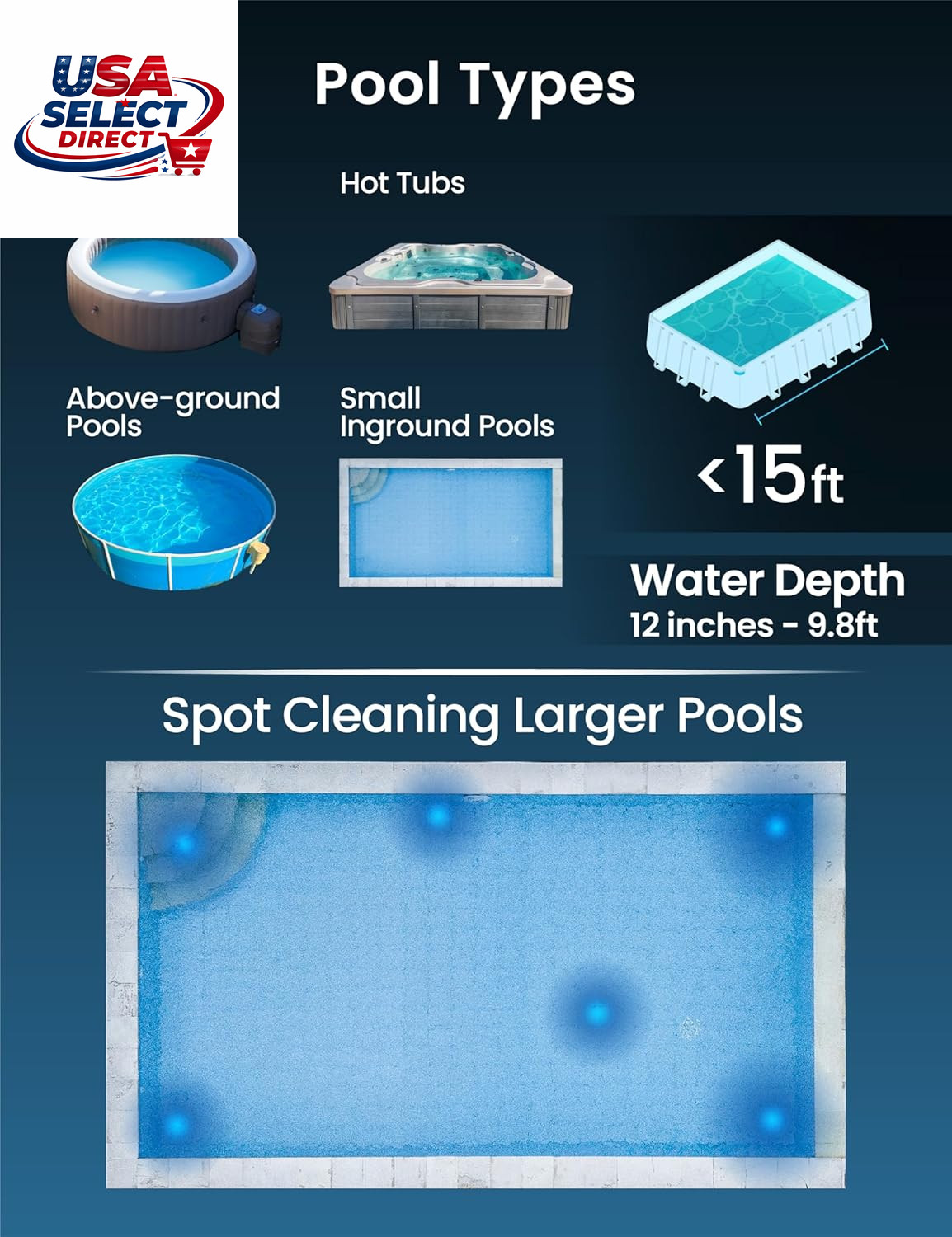 Cordless Handheld Pool Vacuum with 6Ft Pole & 2 Brush Heads