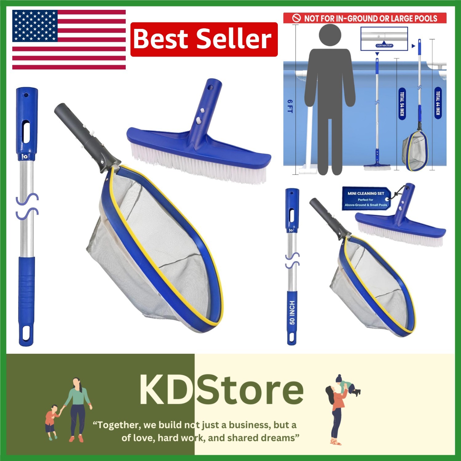 Pool Cleaning Kit: 14 » Brush & 50 » Telescopic Pole for Pristine Water