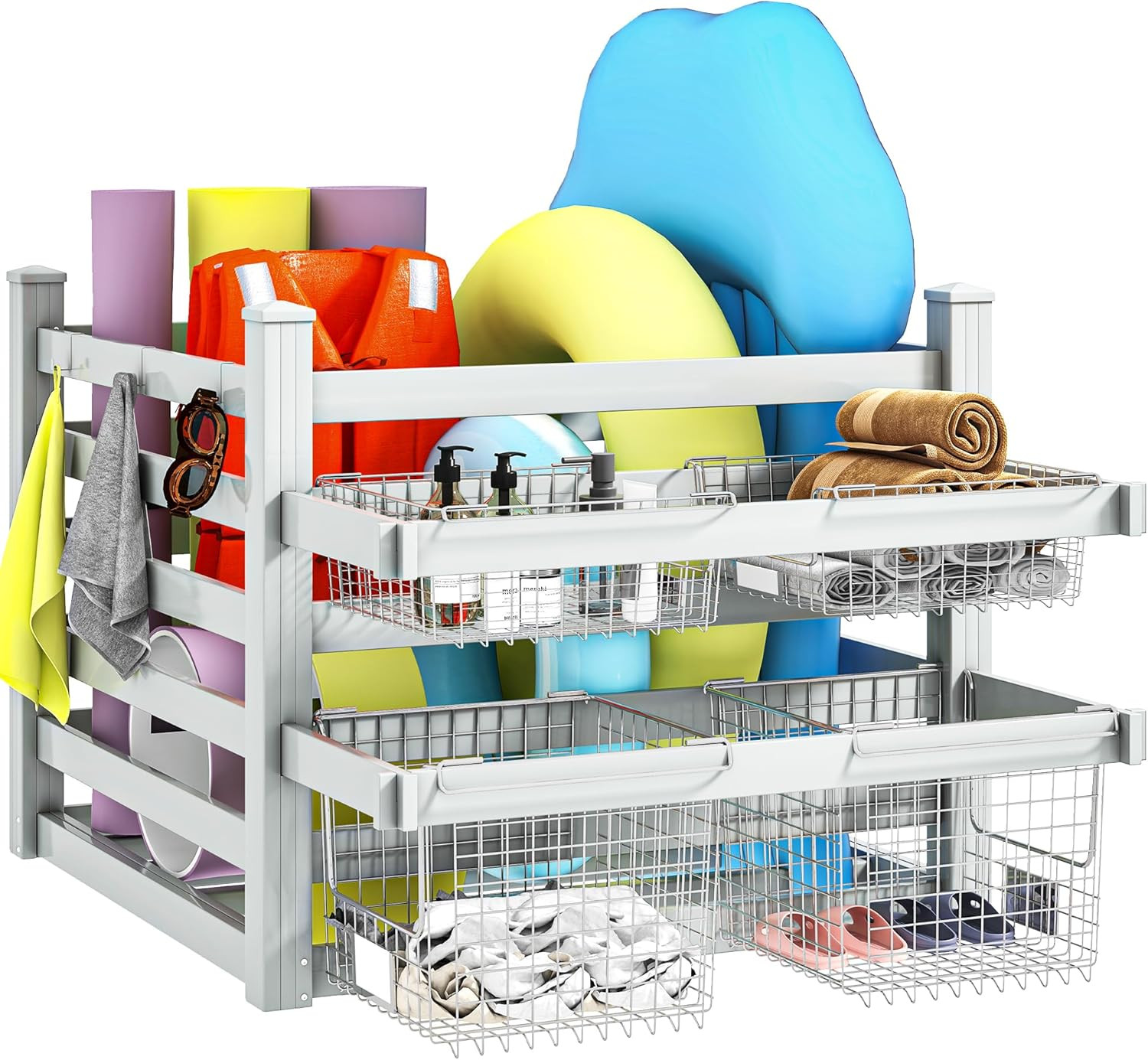 Pool Storage Organizer with 6 Adjustable Hooks, Large Pool Float Holder & Noodle