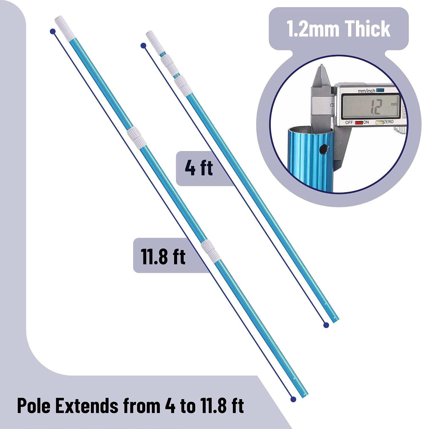 – Telescopic Pool Pole, 12 Ft, Adjustable 3Pc Expandable Cleaning Pole |