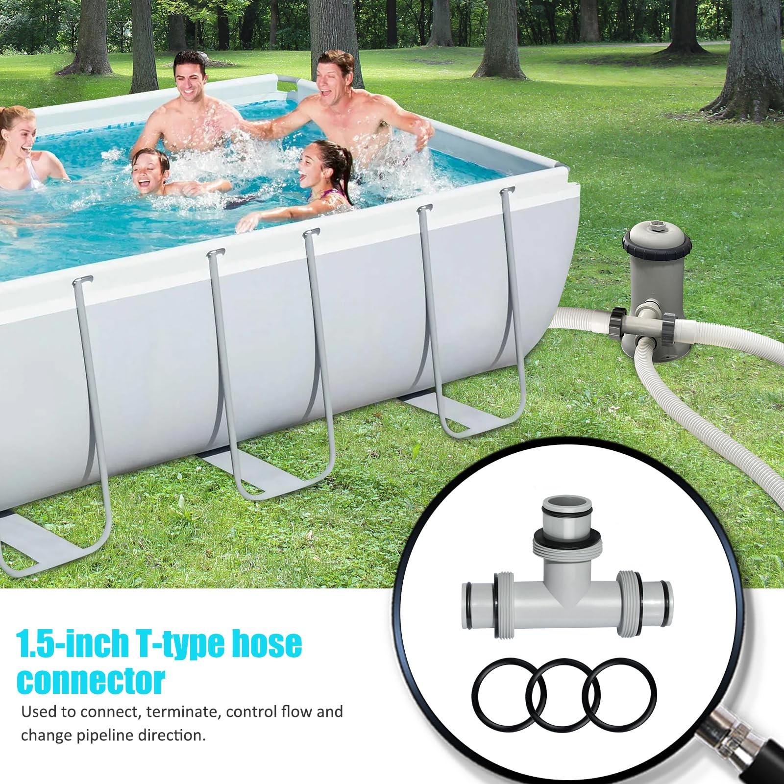 Pool Hose Connector, 1.5&Prime; to T Joint 1.5 inches, Grey 3T