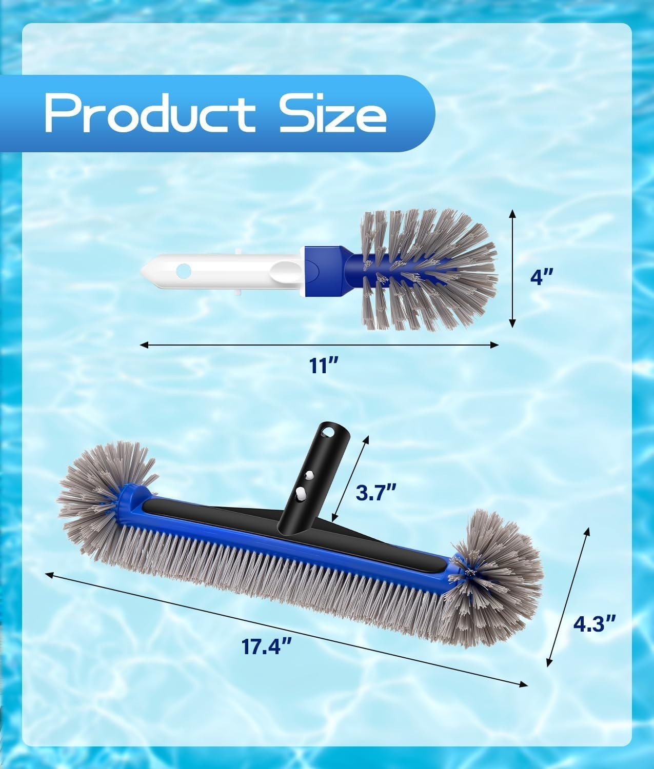 17.4 » Pool Brush Head with Aluminum Handle for Walls, Steps, Corners