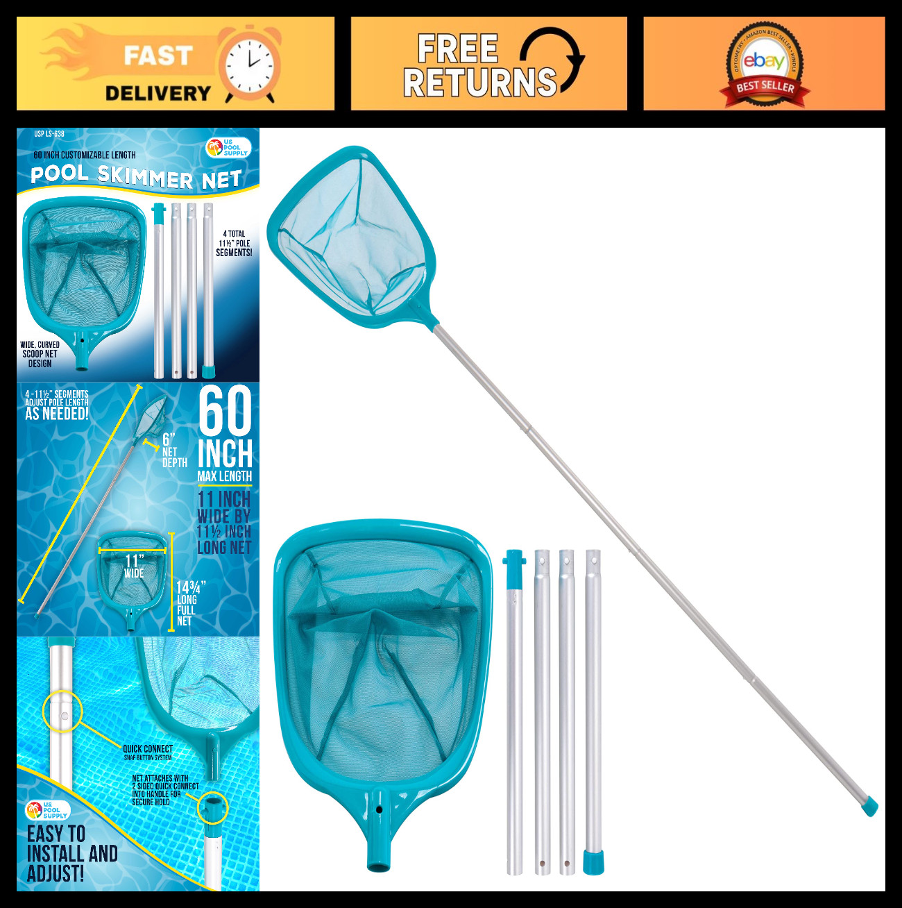 5ft Leaf Skimmer Net with 4-Pole Aluminum Handle – Ultra Fine Mesh for Pools, Sp