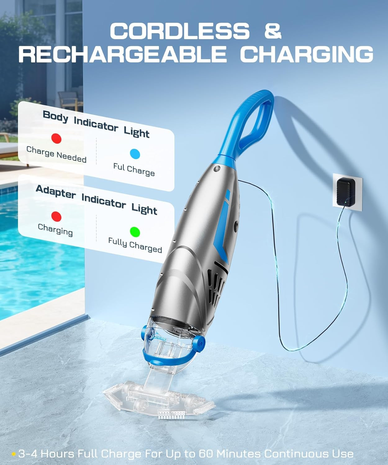 Cordless Pool Vacuum w/4 Filter Bags 26.5GPM Rechargeable Cleaner w/ Heads