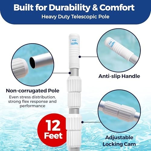 Telescopic Pool Pole 12ft – Heavy Duty Aluminum, Adjustable Skimmer & Cleaning T
