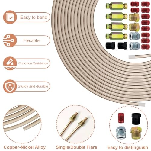 Genuine 3/16&Prime;ODx25FT Copper Nickel Brake Line Replacement Kit with 16 Nuts & 4