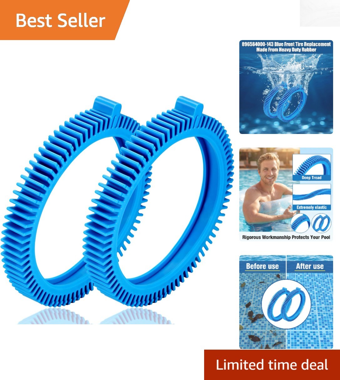 2-Pack Heavy Duty Blue Front Tires for 2X & 4X Pool Cleaners – Easy Install