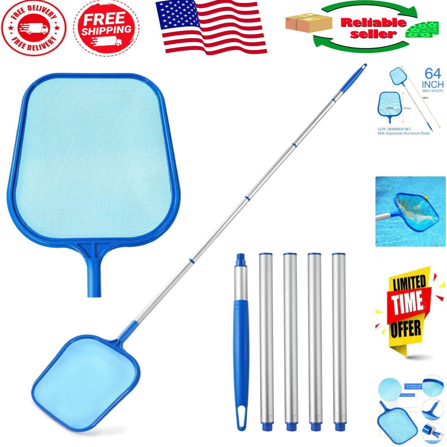 Pool Skimmer Net with 5-Section Adjustable Pole for Effortless Cleaning