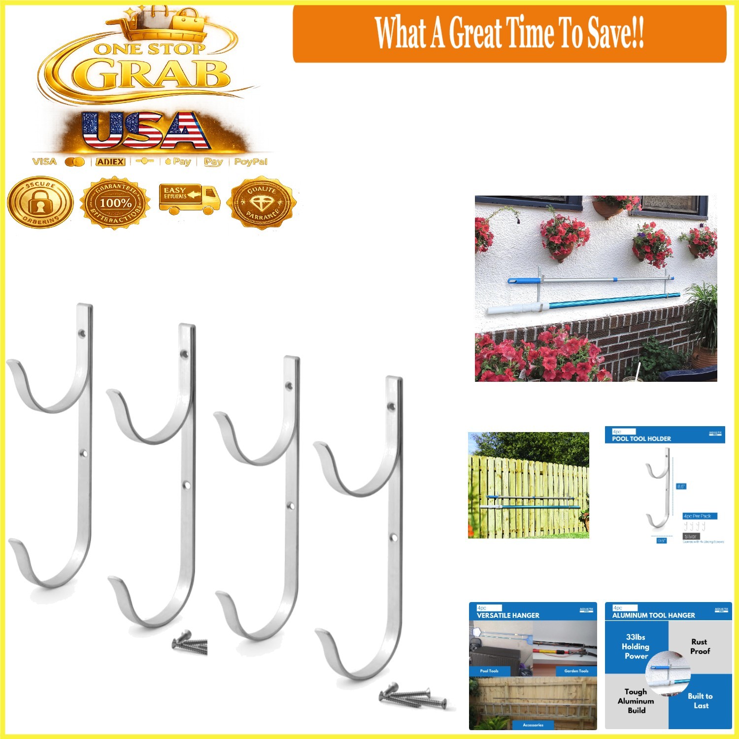 Pool Pole Hanger Set 4pc Aluminum Wall Mount Organizer for Pool & Garden