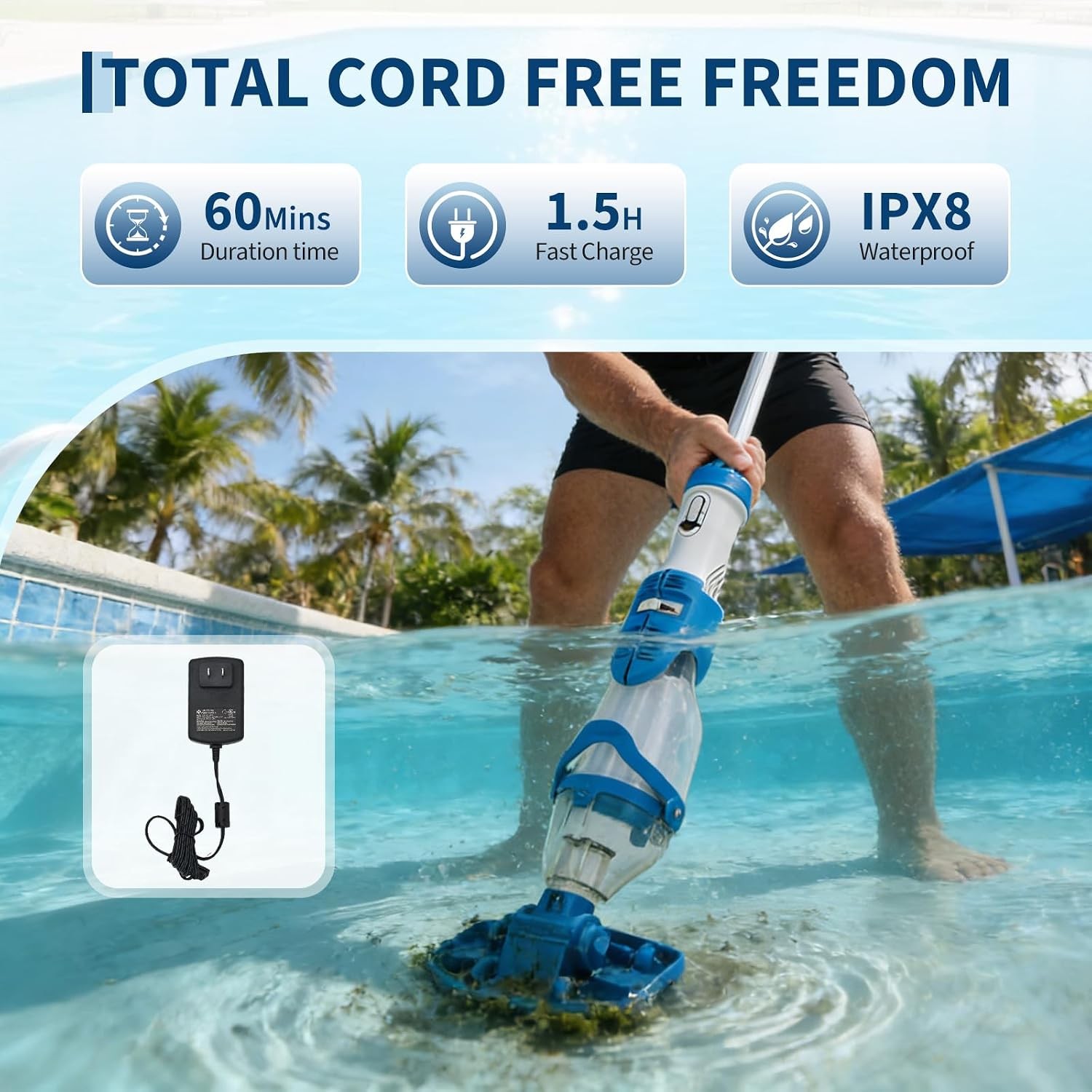 Cordless Pool Vacuum Handheld Rechargeable Cleaner w/ Telescopic Pole & 2 Speeds