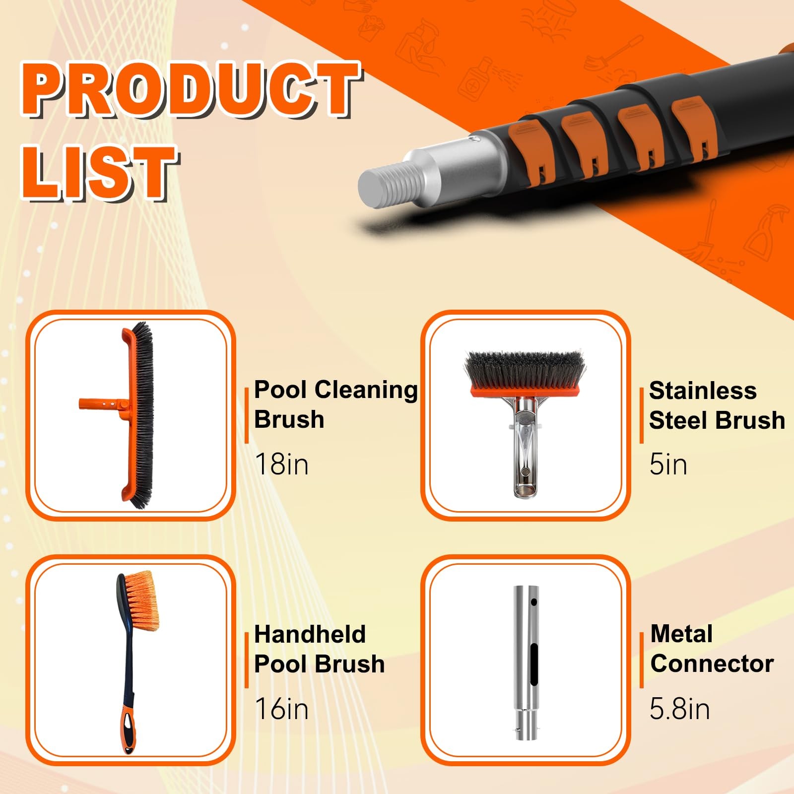 SISIUPASSIE Pool Brush Kit with Pole, Upgrade 18&Prime; Pool Brush and High-Efficie…