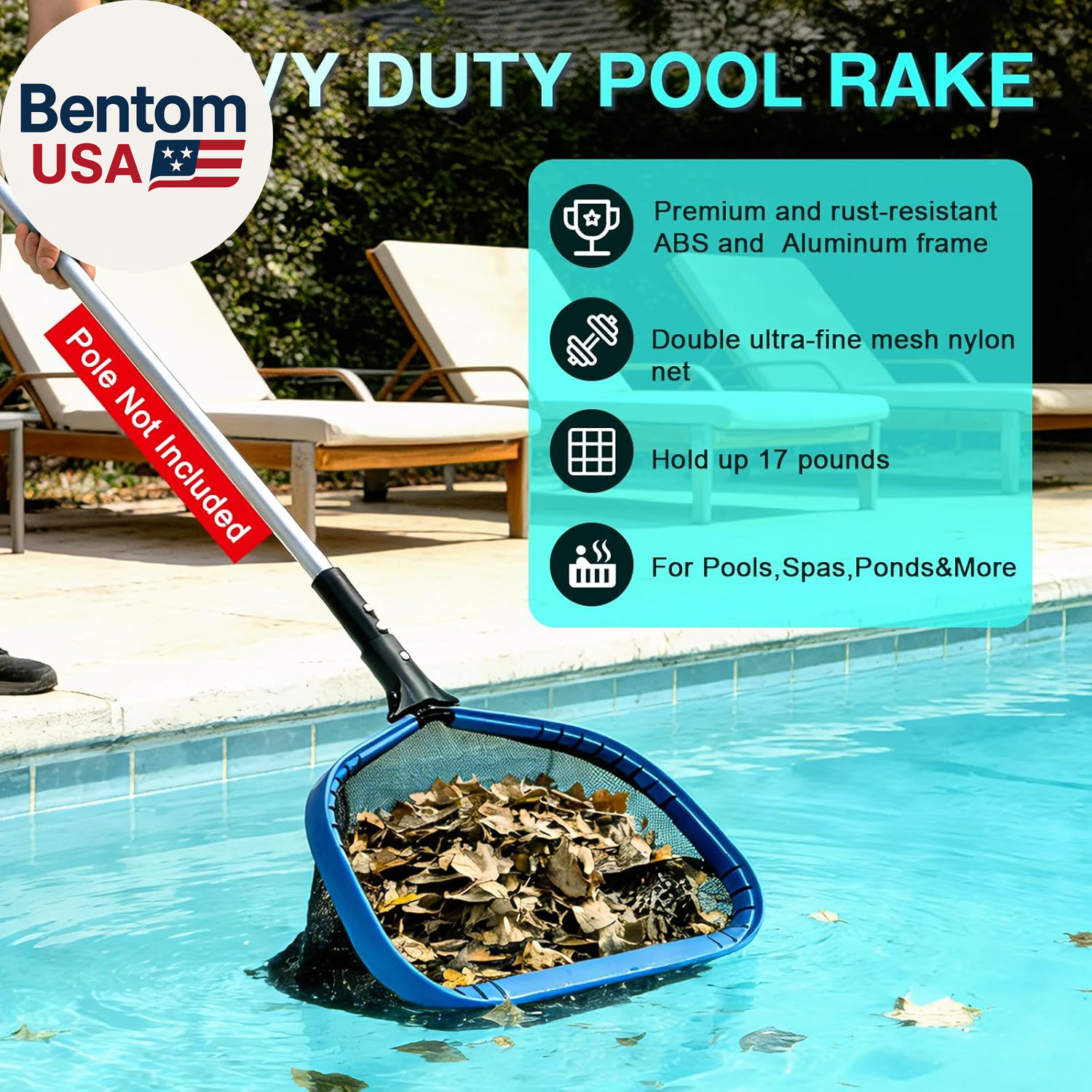 Pool Leaf Rake Pool Skimmer Nets for Cleaning with Double-Layer Deep Big Bag,17.
