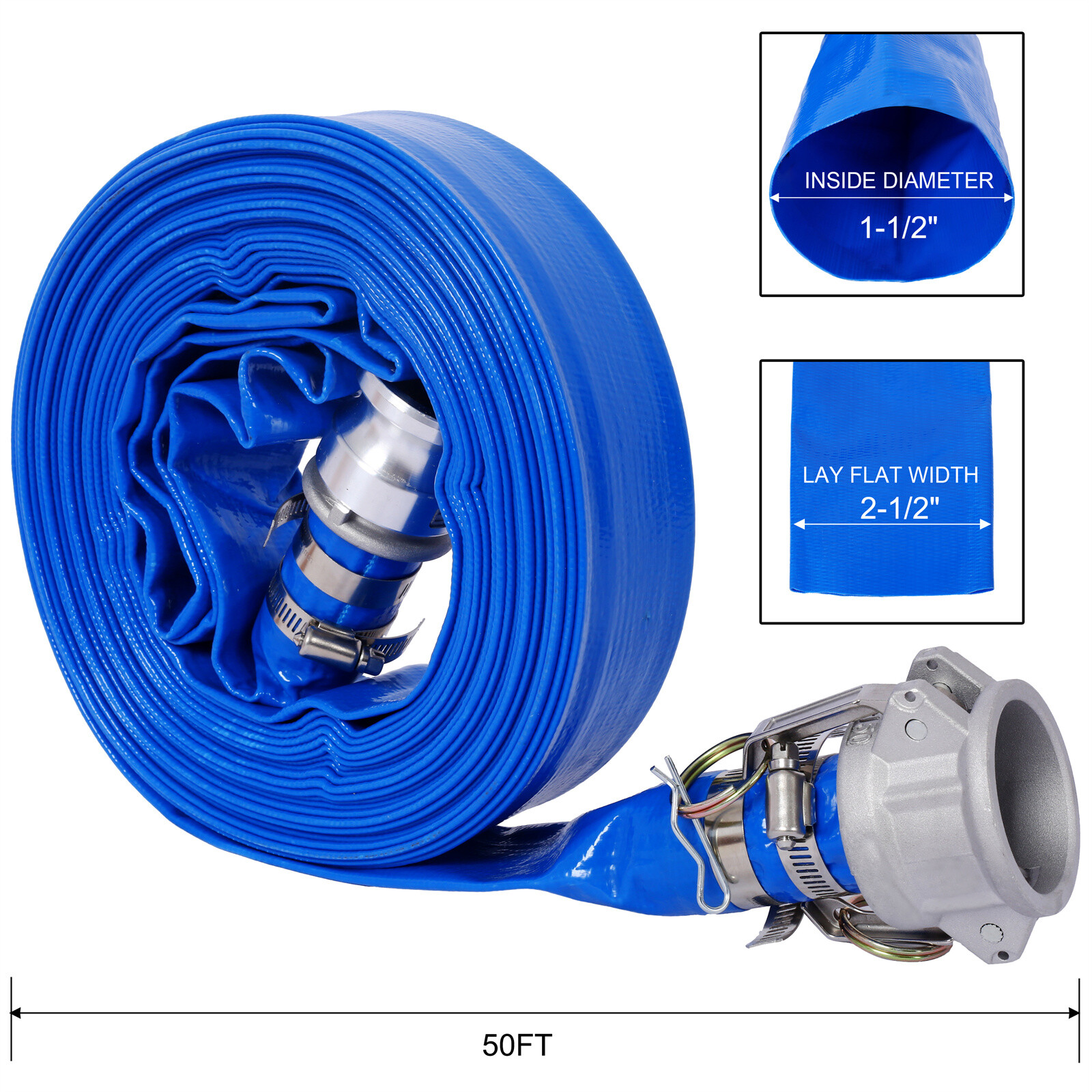 Discharge Hose 1.5&Prime;x 50FT PVC Lay Flat Hose Backwash Drain Hose with Clamp Lock