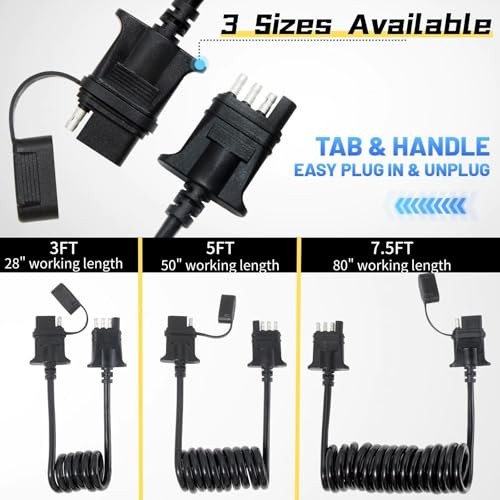 7.5ft 4 Pin Flat Trailer Wire Extension, Coiled Cable – 4 Way Vehicle &