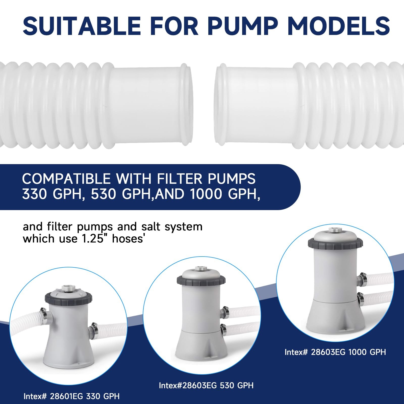 Pool Hoses for Above Ground Pools, 2 Pack 1.25 x 59 x 59 Inch, White
