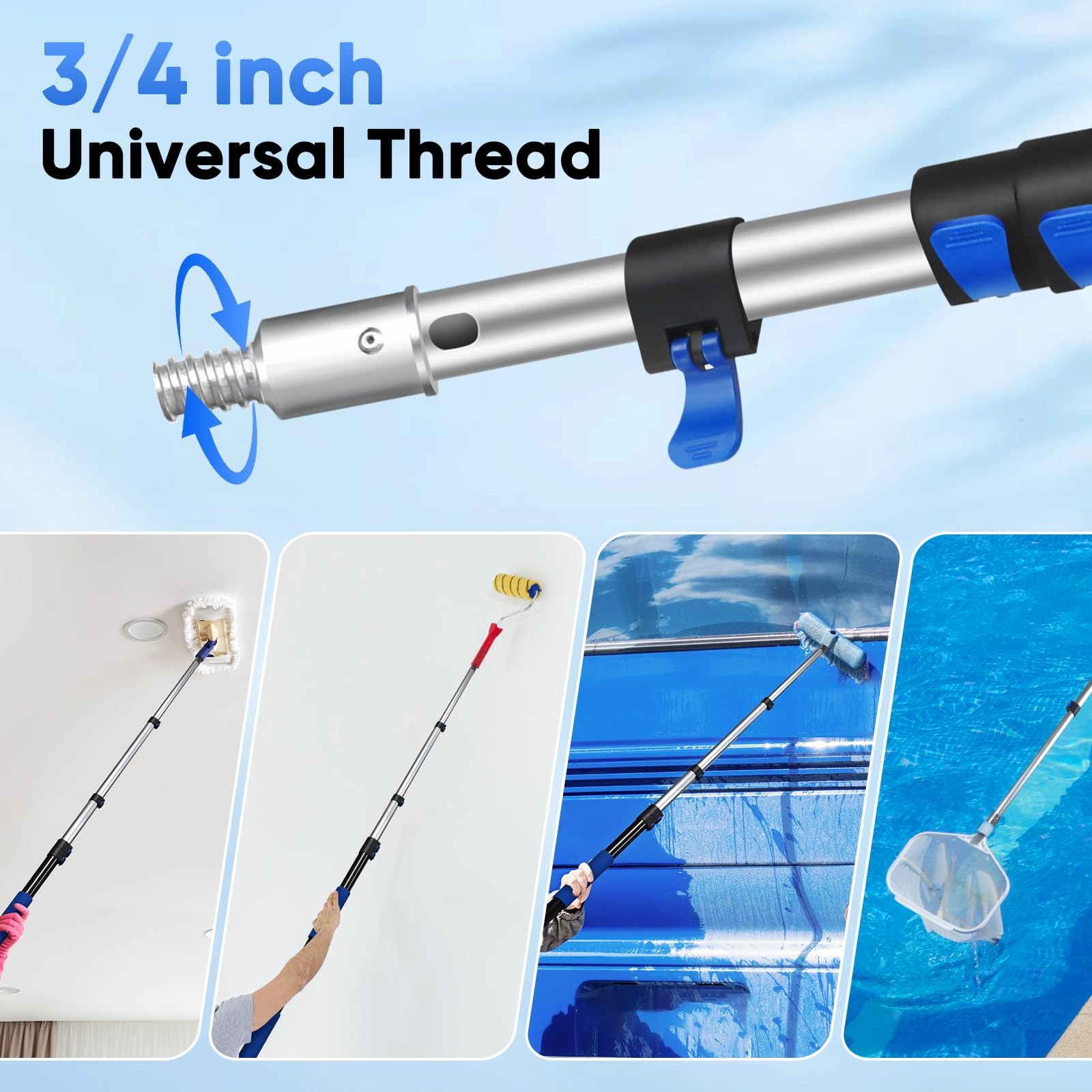 16FT Reach Aluminium Telescoping Pool Pole 4 Baffle Locks Universal