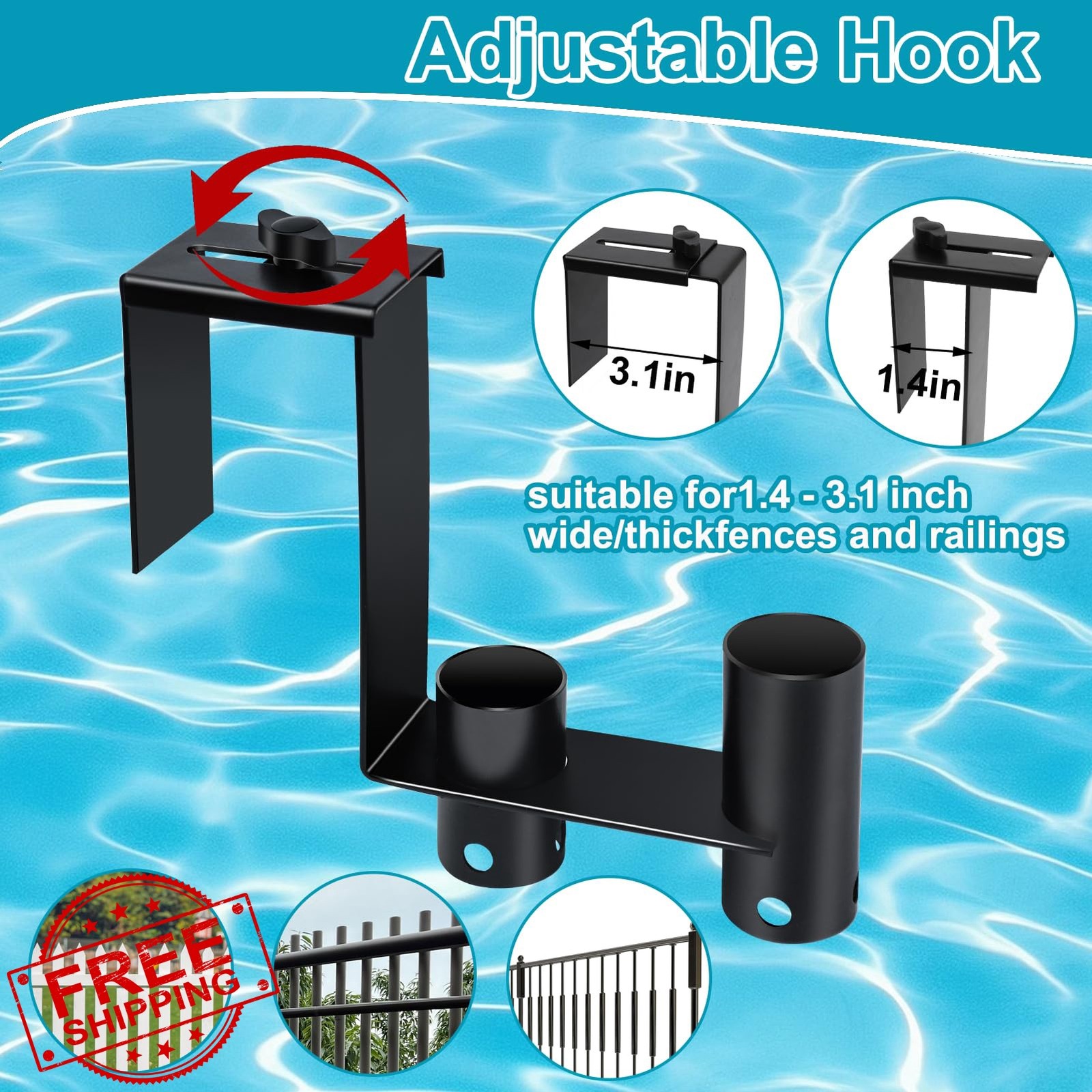 2packs Adjustable Pool Fence Hooks Metal Pool Tool Organizer and Holder Black…