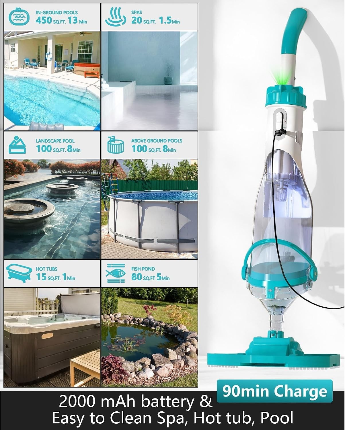 Efficient Cordless Hot Tub Vacuum with Waterproof Design & Extendable Pole