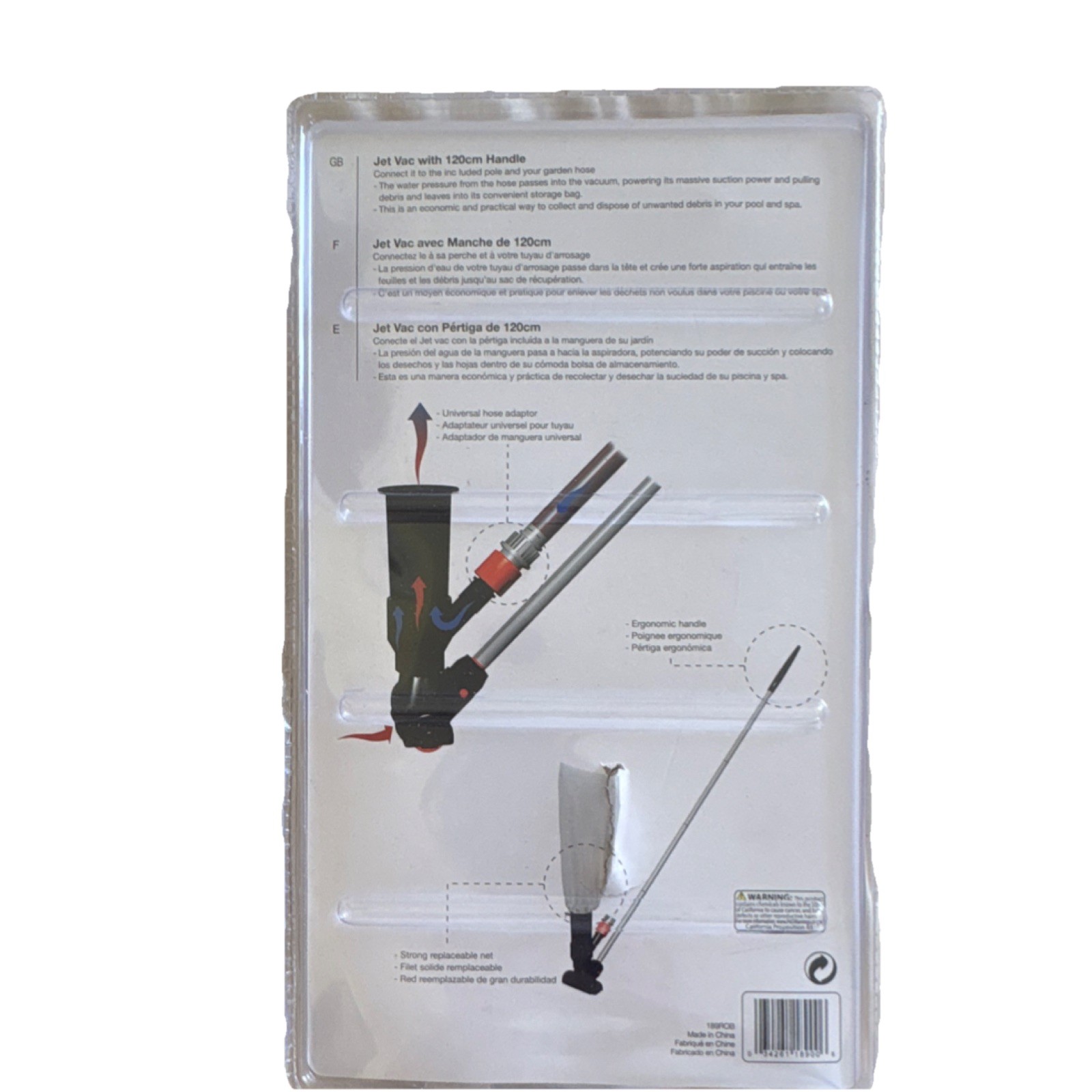 Jet Vac Pool Vacuum 120cm Handle Universal Hose Adapter Ergonomic Strong Net NIB