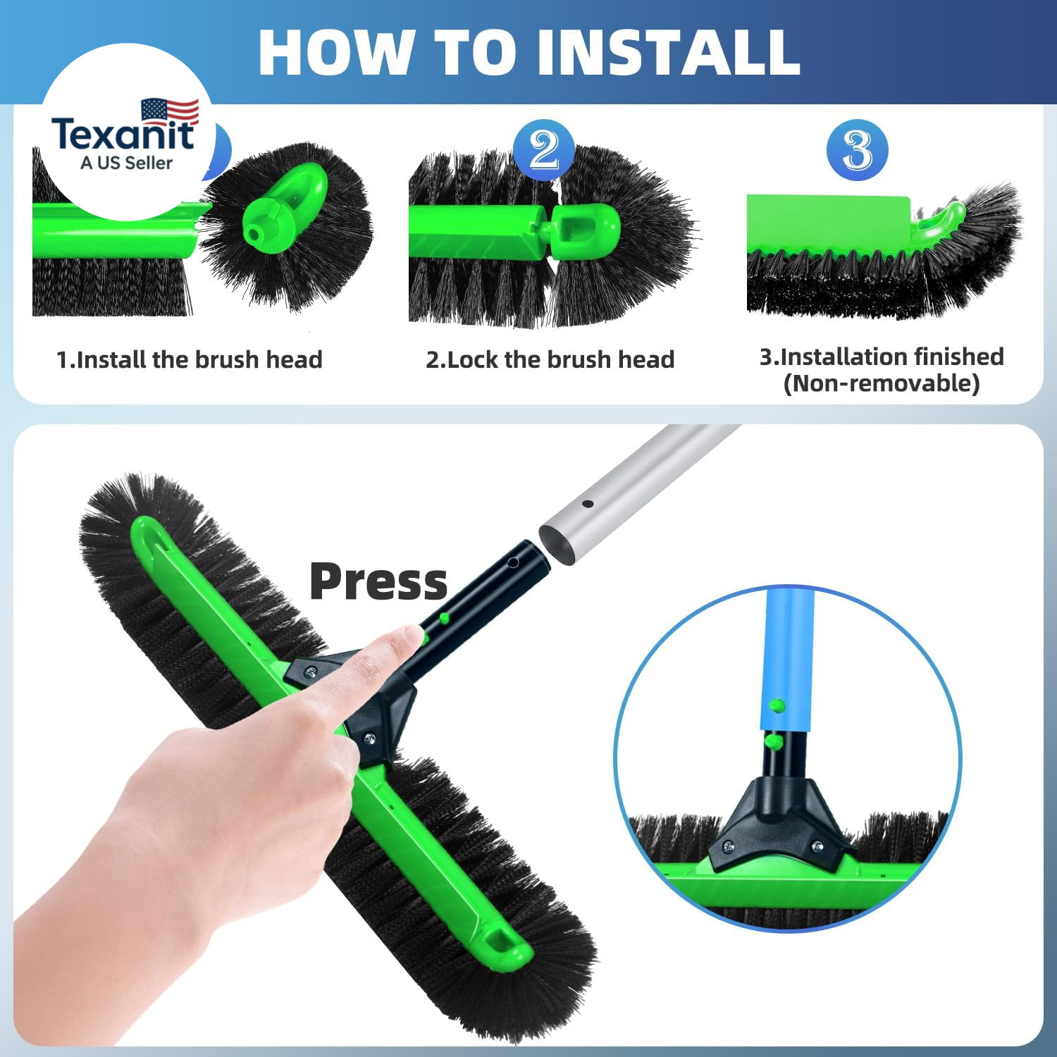 20&Prime; Wide Pool Brush Head, Heavy Duty Pool Scrub Brush with 12-Rows Soft Bristles