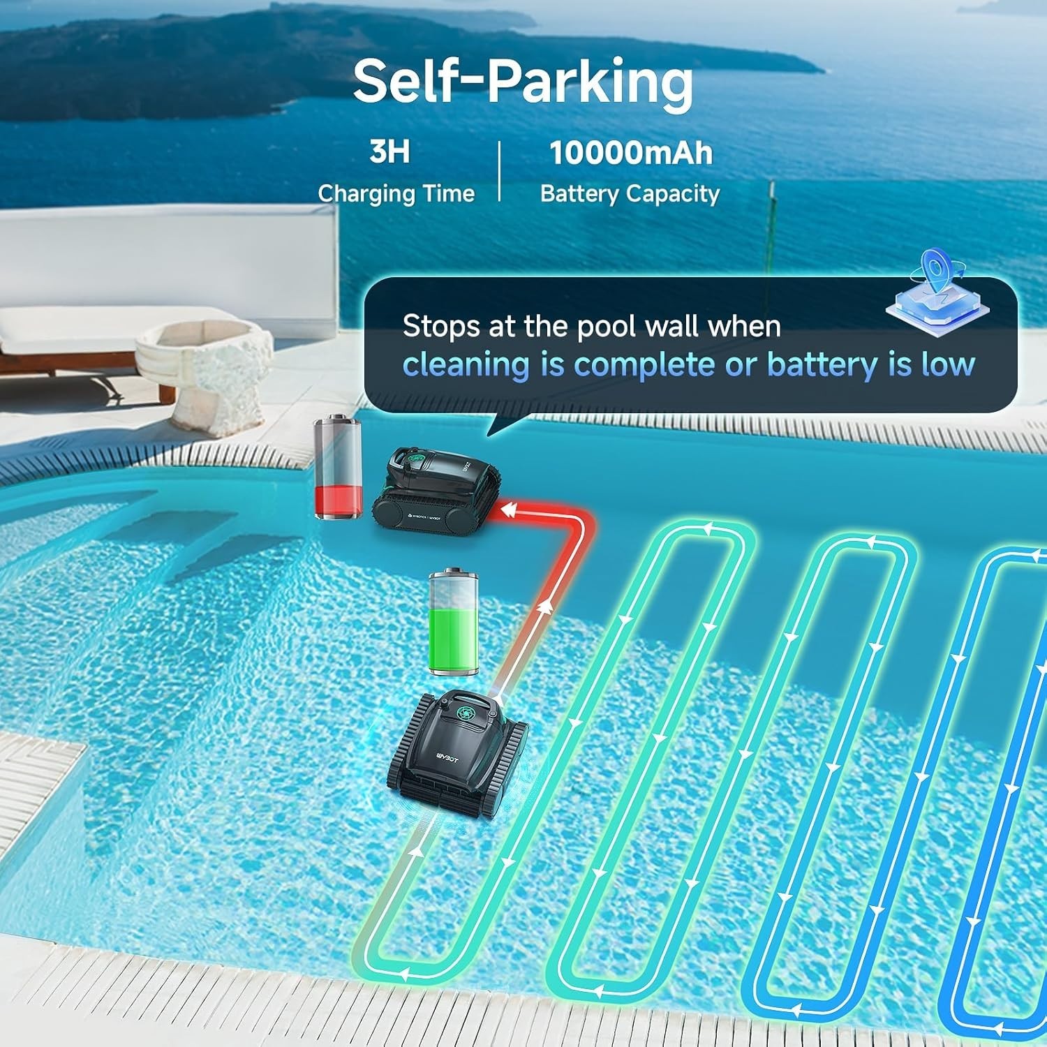 WYBOT M2 AI Pool Cleaner | App Control | 300min/4305sq.ft | 10,000mAh Brushless