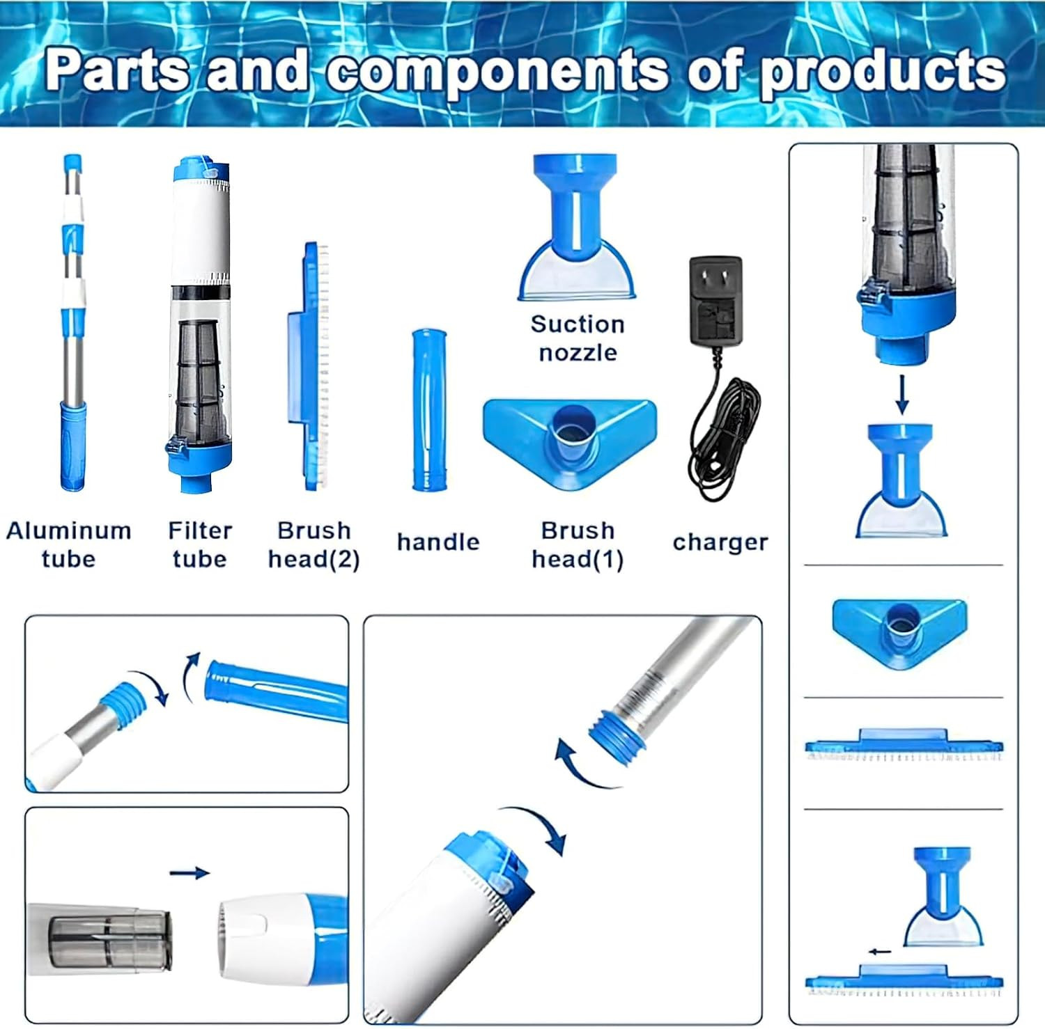 3 in 1 Cordless Rechargeable Swimming Pool Vacuum Head, Telescopic Pole Handheld