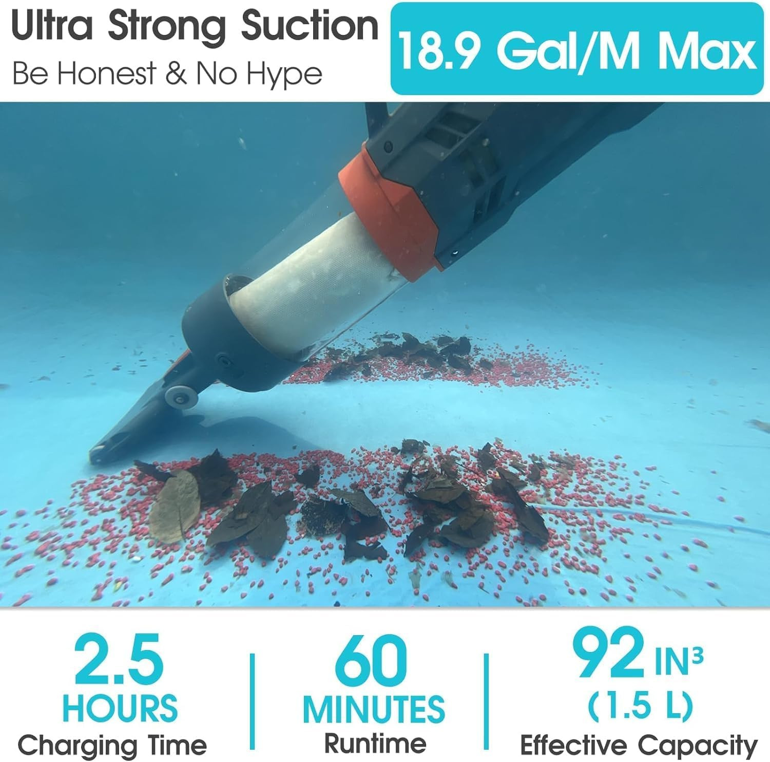 Cordless Pool Vacuum-25 Micron Fluff Ultra Fine Filter, 98Inch,True Powerful Suc