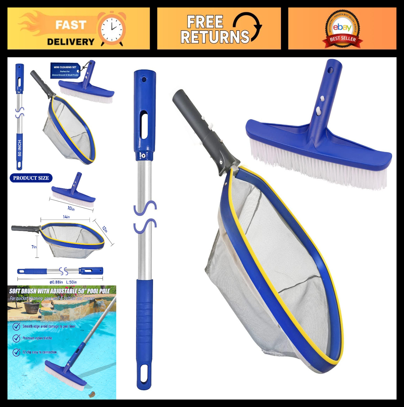 Swimming Pool Cleaning Kit – 14&Prime; Brush, 50&Prime; Telescopic Pole & Mesh Skimmer Net