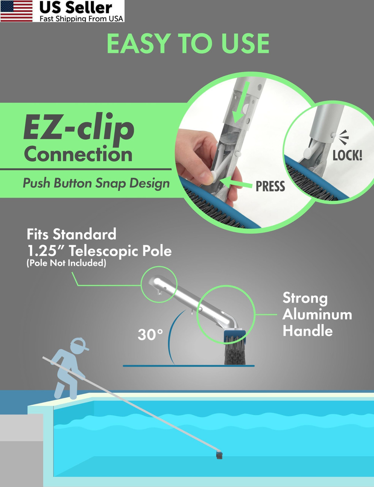 KEMANO Heavy Duty Pool Brush Head: STIFF BRISTLES FOR CONCRETE, Black