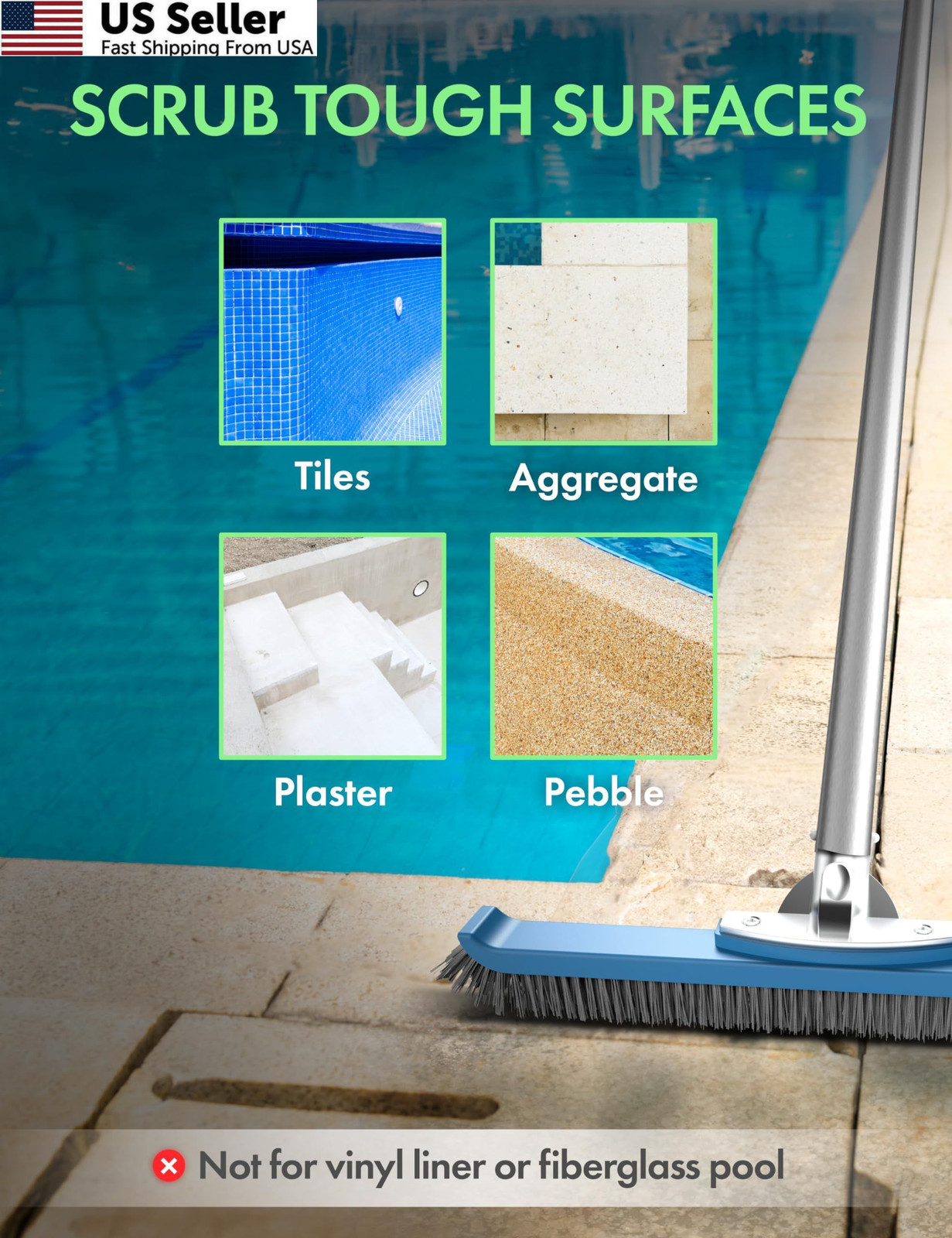 KEMANO Heavy Duty Pool Brush Head: STIFF BRISTLES FOR CONCRETE, Black