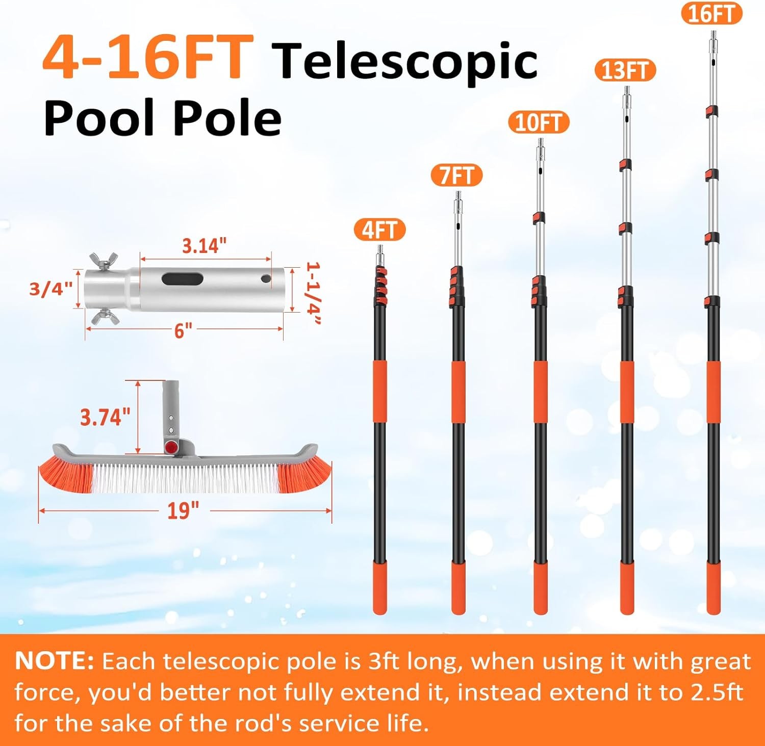 16FT Pool Brush with Pole, 19&Prime; Heavy Duty Swimming Pool Brush with 4-16FT Alumin