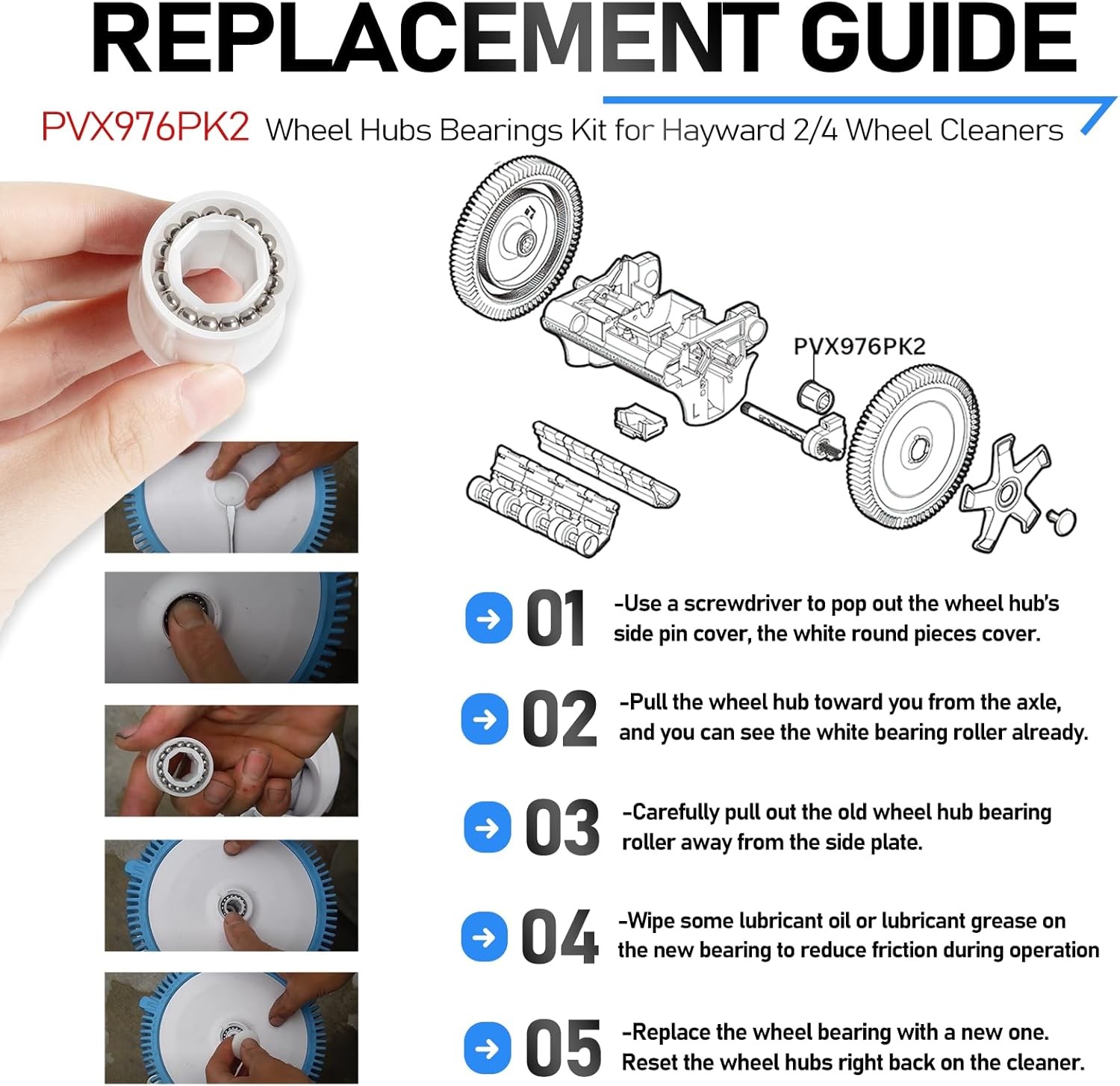 PVX976PK2 Wheel Bearings Repair Kit for Hayward AquaNaut 200/400 Pool Cleaners
