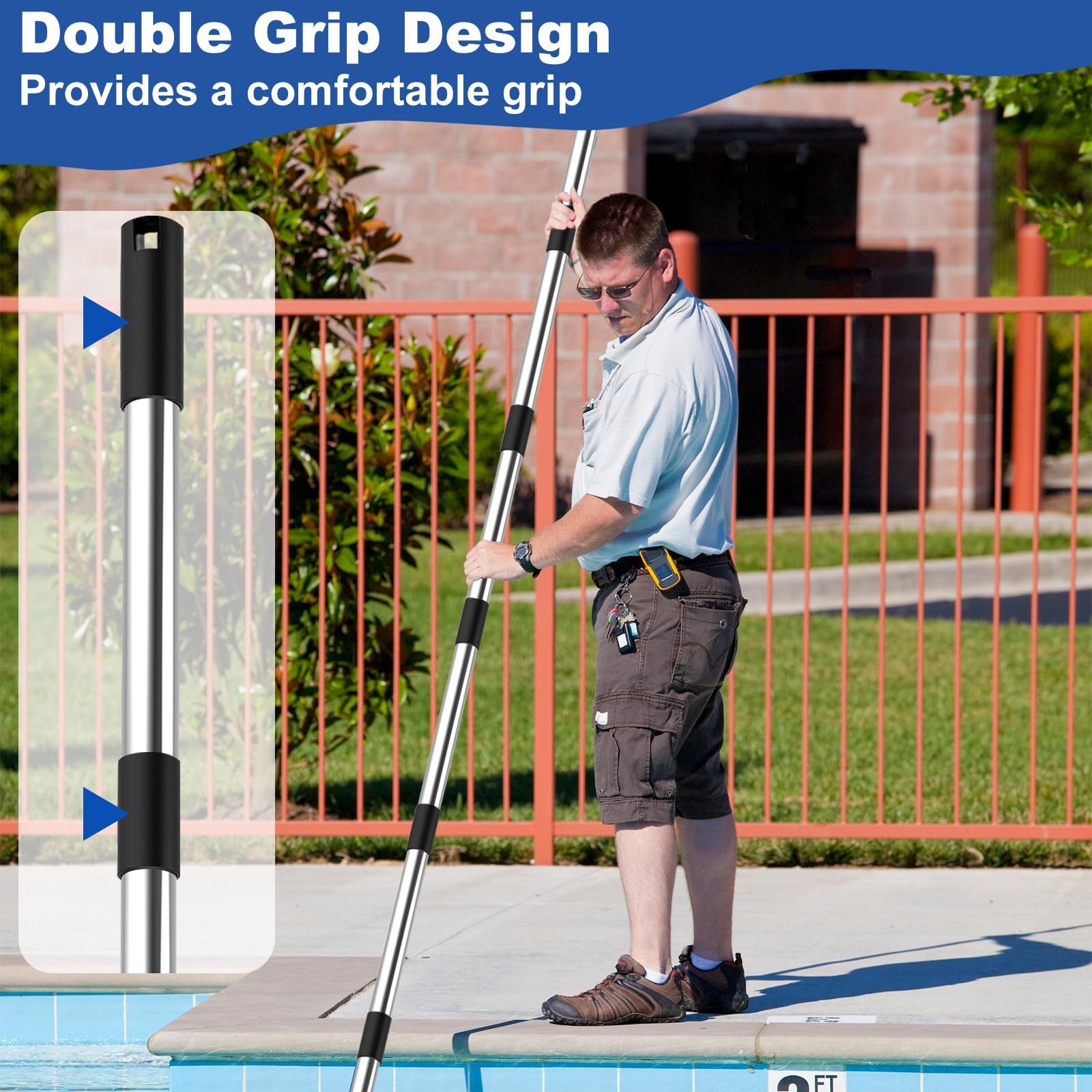 Telescopic 12 Ft Stainless Steel Pool Pole for Skimmer, Brush, Vacuum Cleaning