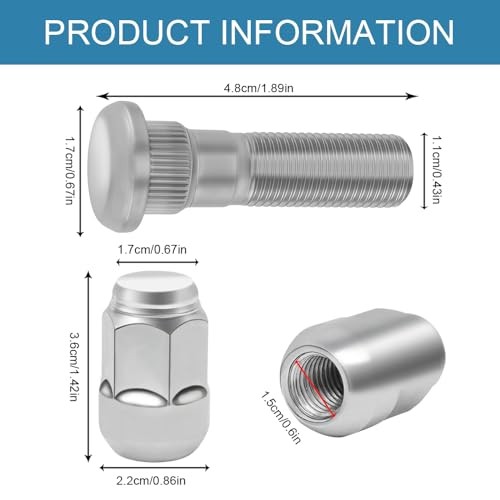 M12x1.50 Chrome Wheel Lug Stud Nut Set, Hub Bolt, Standard Wheel Tire Lug Stud