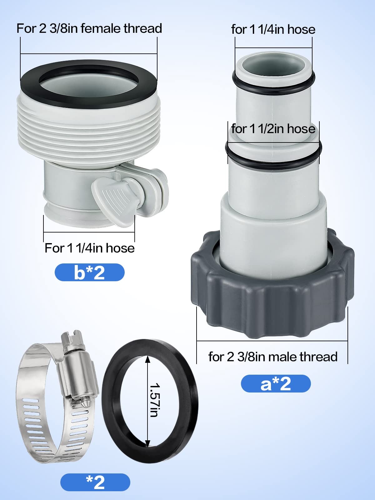 4 Pack Gray Pool Hose Adapter A B Conversion Standard Size Fittings