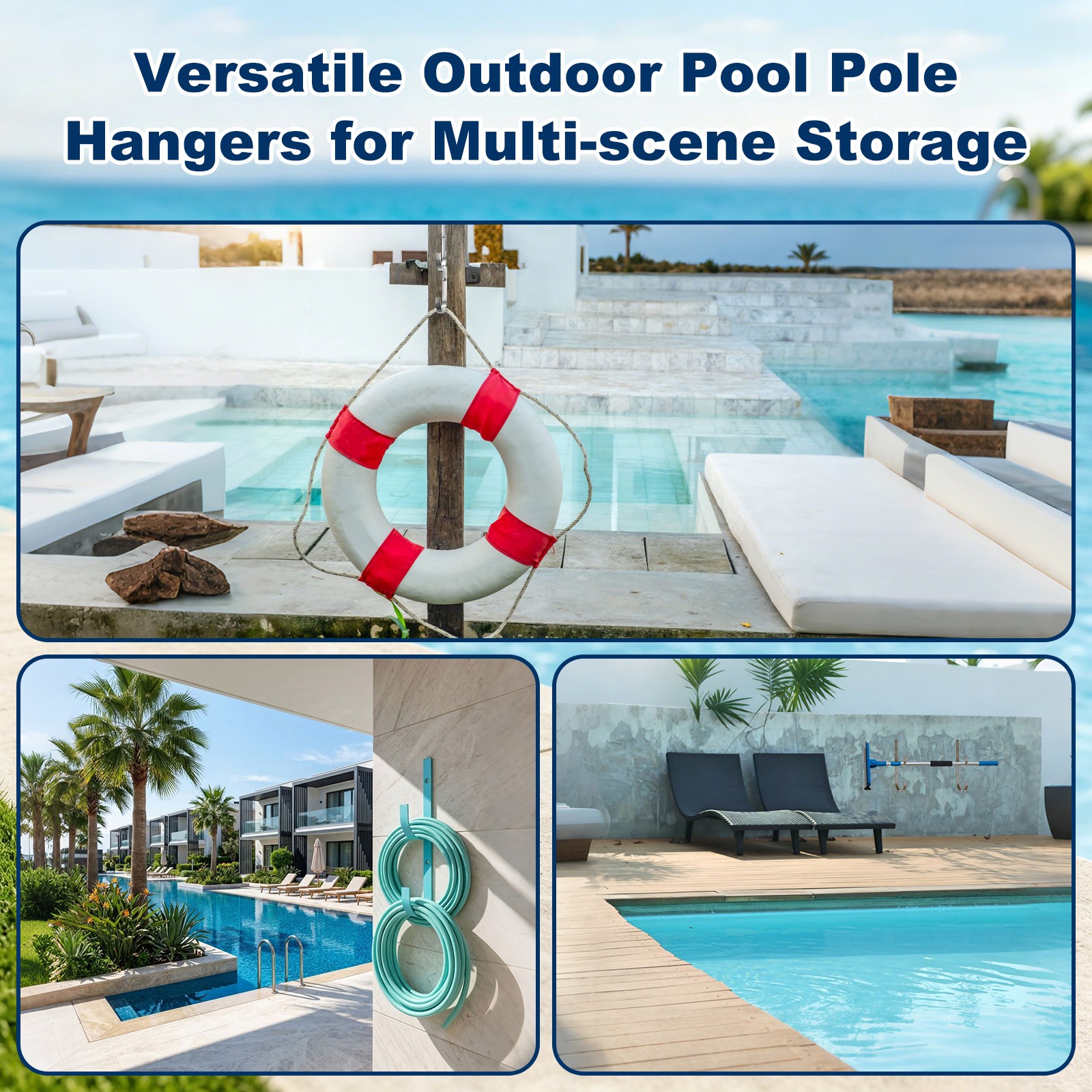 2-Pack Pool Pole Hanger, Iron Pool Hooks with Screws for Garden Tools [Blue]