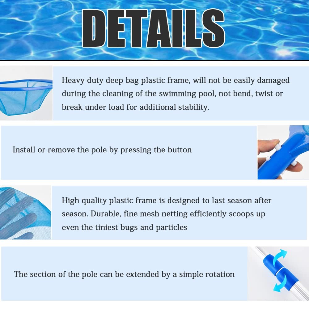 Pool Nets for Cleaning with 3 Section Pole – Swimming Pools & Outdoor Ponds S…